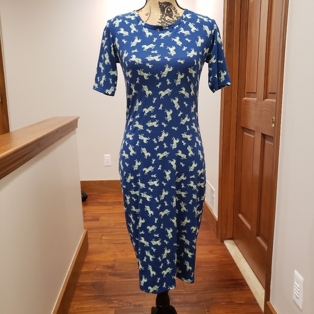 LuLaRoe Julia Size XS Blue w/ Yellow Unicorns